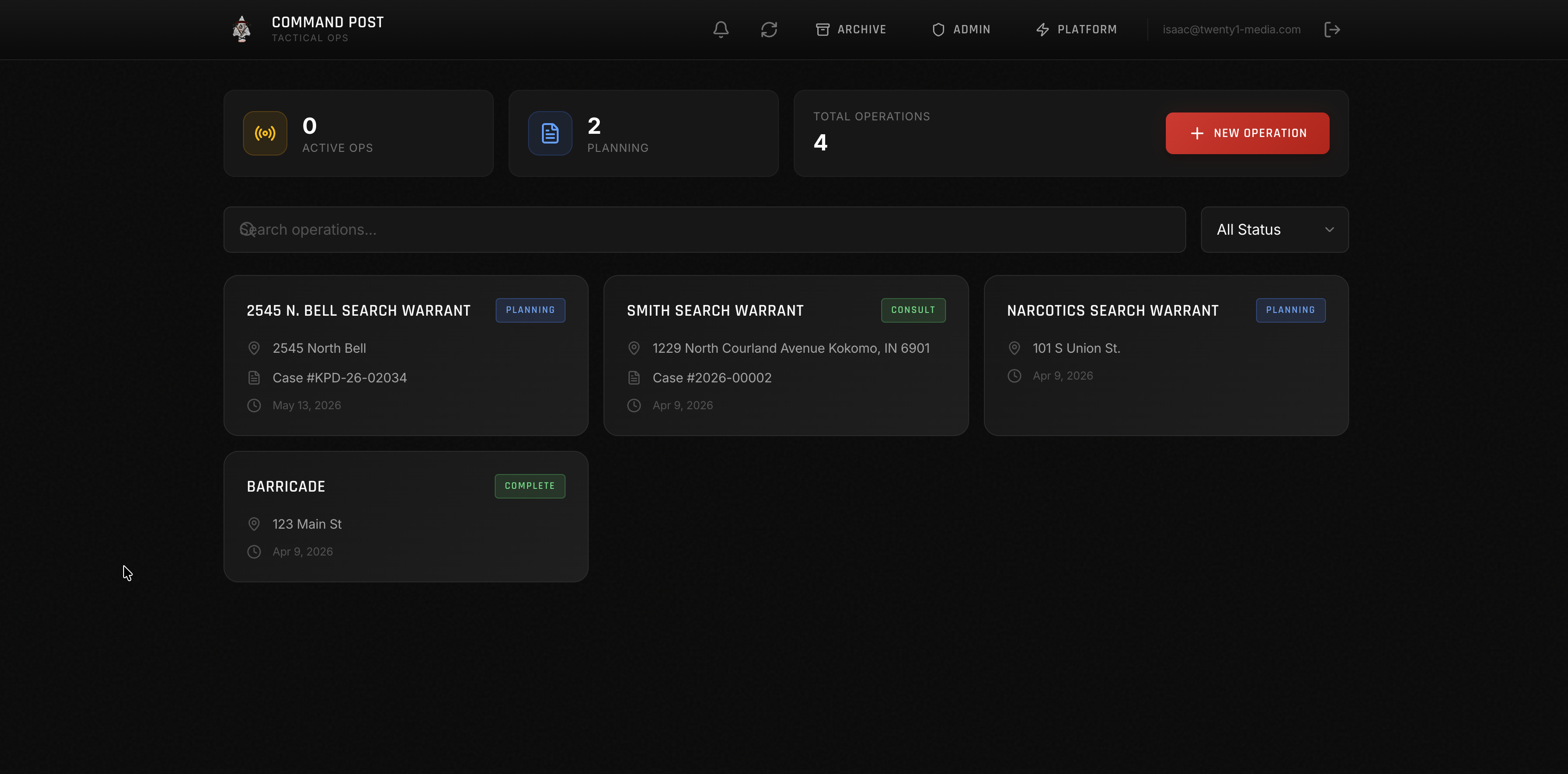 Command Post dashboard showing active operations, planning ops, and total operation count